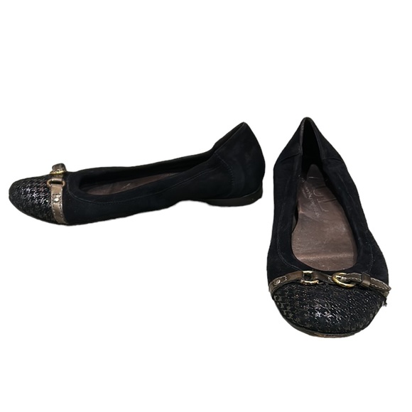 AGL Monika Black Suede Leather Metallic Gold Houndstooth Cap Toe Flats - 8.5 - Picture 3 of 15
